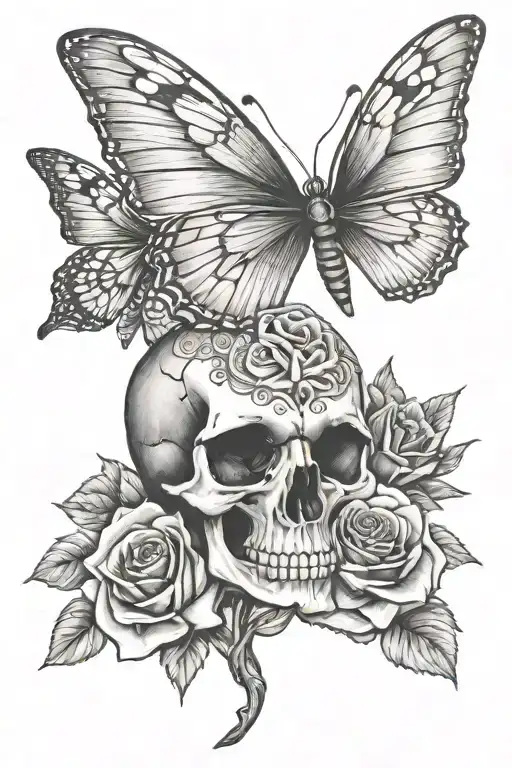 Sunset Doves Skull Biterfly Rose