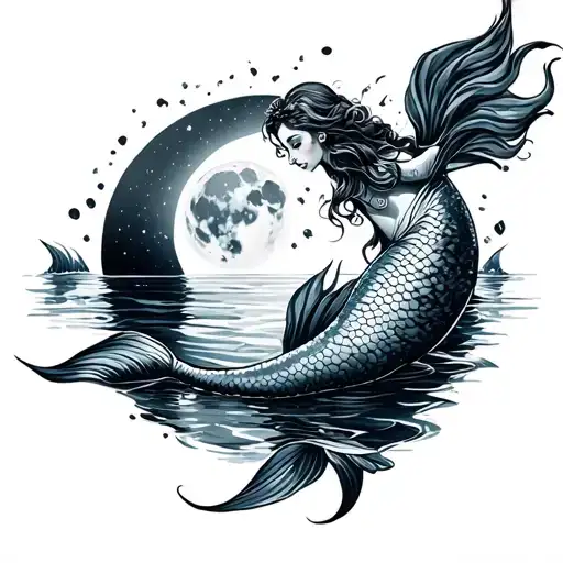 Mermaid Swimming Moonlight Ocean