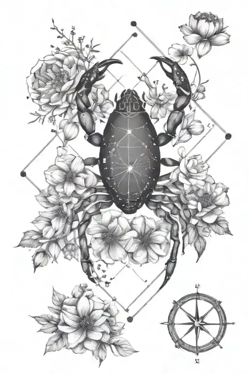 Cancer Zodiac Sign With Constellation And Flowers Geometric