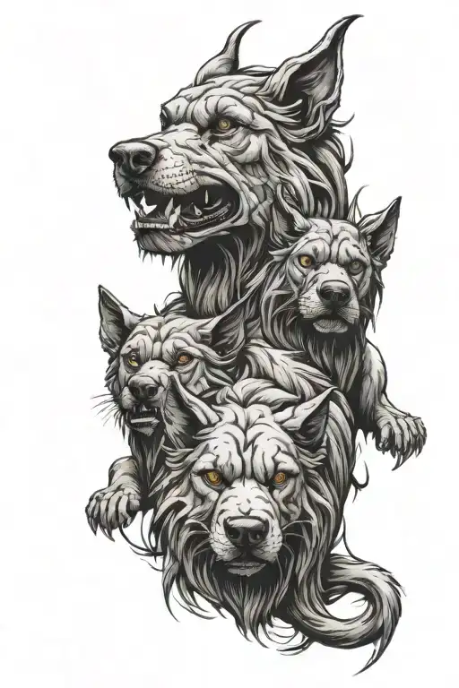 Female Cerberus 3 Heads In Front Of Door