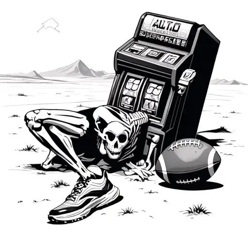 Laying Skelaton In The Desert With Running Shoes And Football With A Slot Machine