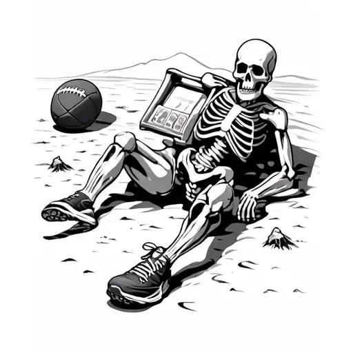 Laying Skelaton In The Desert With Running Shoes And Football With A Slot Machine