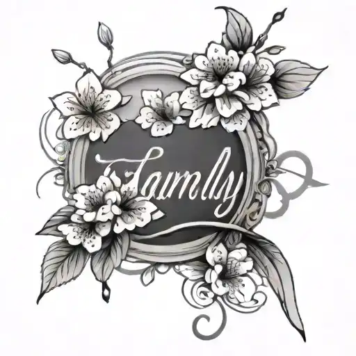 The Word 'Family' Written In Elegant Script Surrounded By Cherry Blossoms