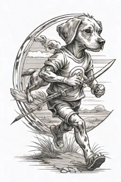 A Child Is Running In The Field With A Small Wooden Sword And A Dog Puppy Is Running Next To It