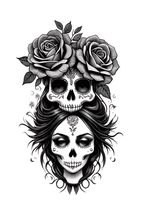 Male And Female Sugar Skulls With Roses And A Gypsy