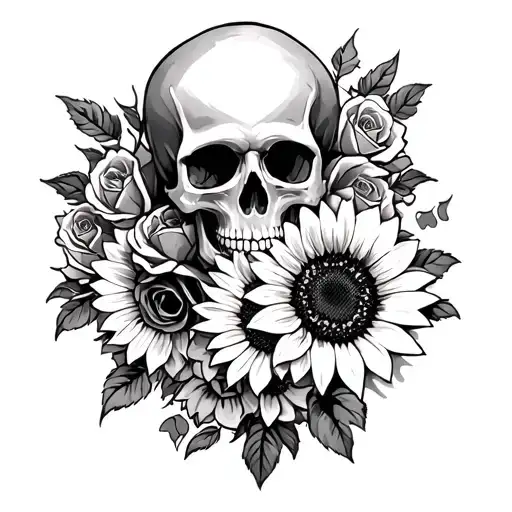 Skulls With Roses And Sunflower Down The Arm