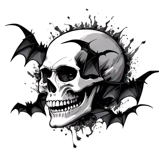 Skull With Bats Coming Out Of Its Eyes Surrounded
