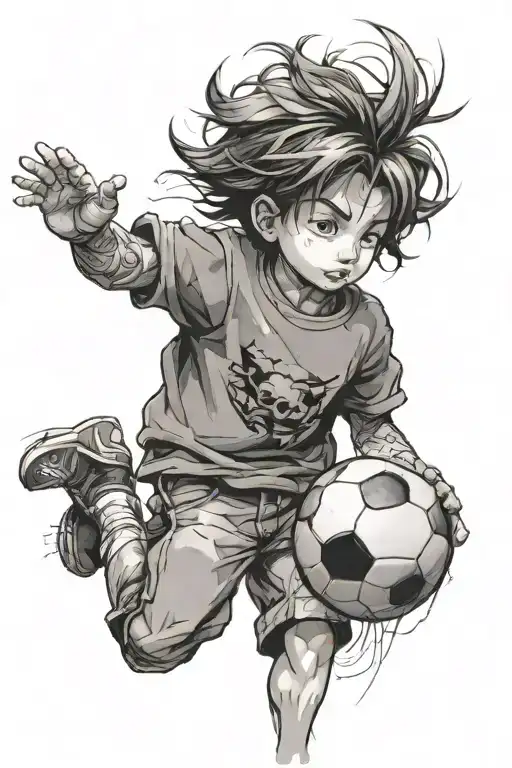 A Little Boy With A Ball Under His Arm And His Hair Is Fallin In His Face So You Can't Seee His Face