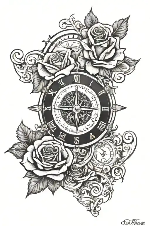 Rose Tattoo Clock Face Compass Rose Surrounded
