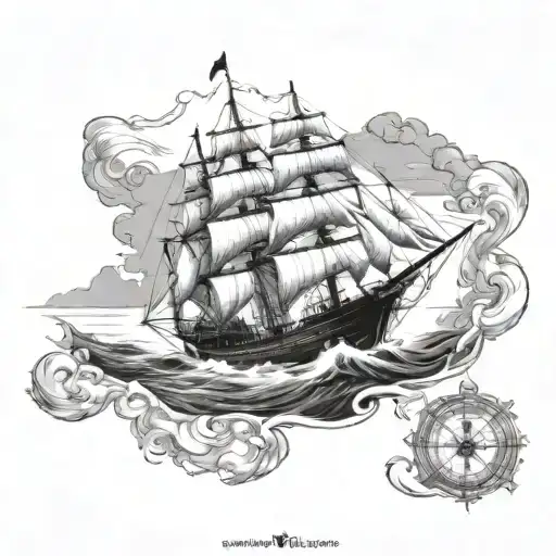 Create A Tattoo Of A Sailing Ship On Rough Seas With A Map As The Background