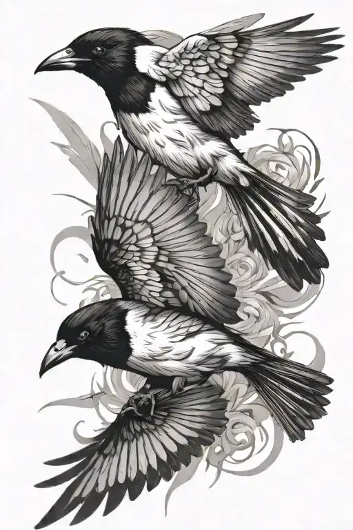 Two Magpies Rough Sketch Flying Black Grey