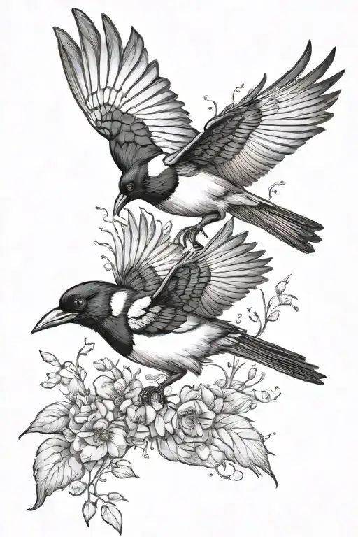 Two Magpies Rough Sketch Flying Black Grey Tattoo No Background