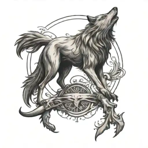 Create A Sketch Of A Tattoo On The Spine Based On The Seal Of Veles Wolf And Mermaid
