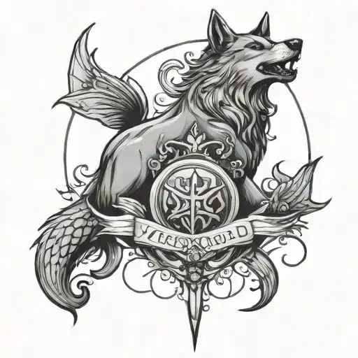 Sketch Of A Tattoo Based On The Seal Of Veles Wolf And Mermaid