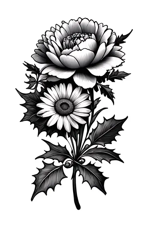 A Peony A Daisy A Chrysanthemum And A Holly Branch