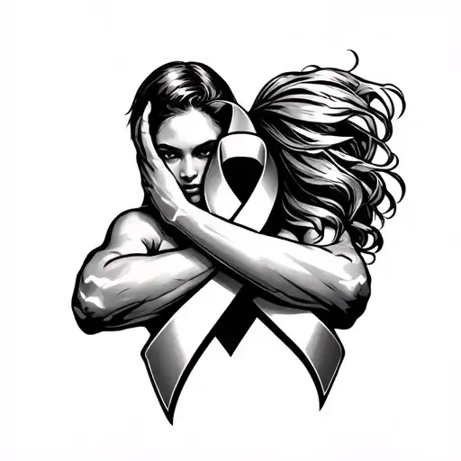 Cancer Ribbon Wrapped Arms Around Herself