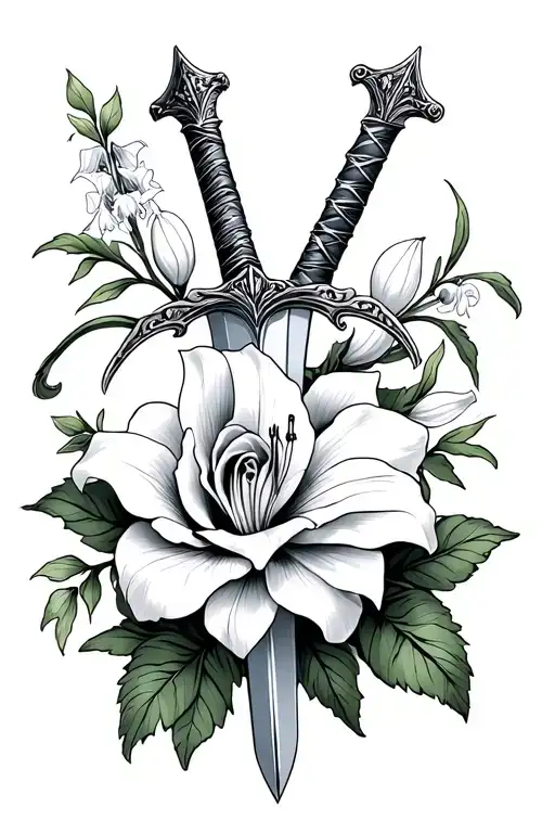 Sword With Rose Lily Snowdrop And Larkspur