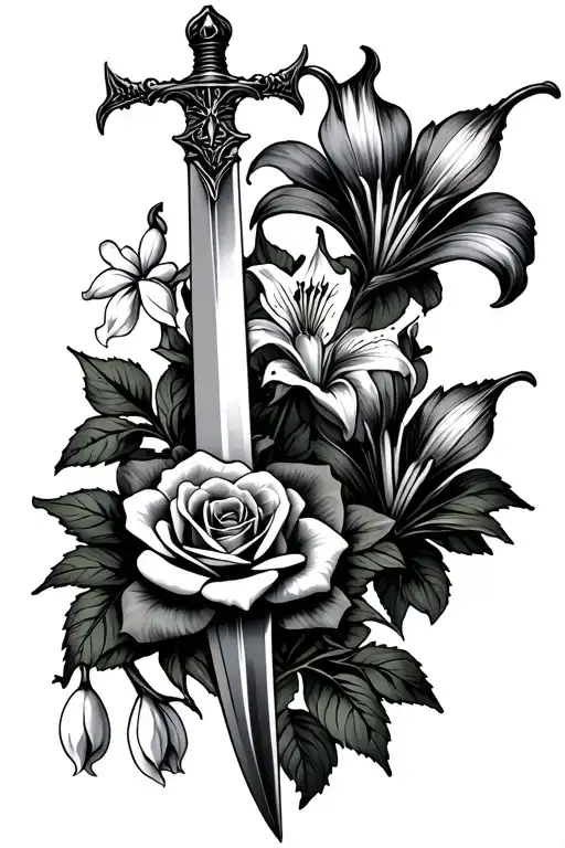 Sword With Rose Lily Snowdrop And Larkspur