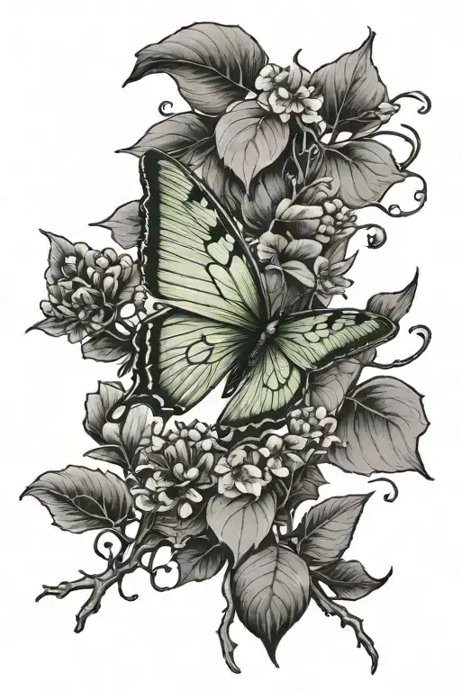 Luna Moth Surrounded By Ginkgo Leaves And Cherry Bloosoms