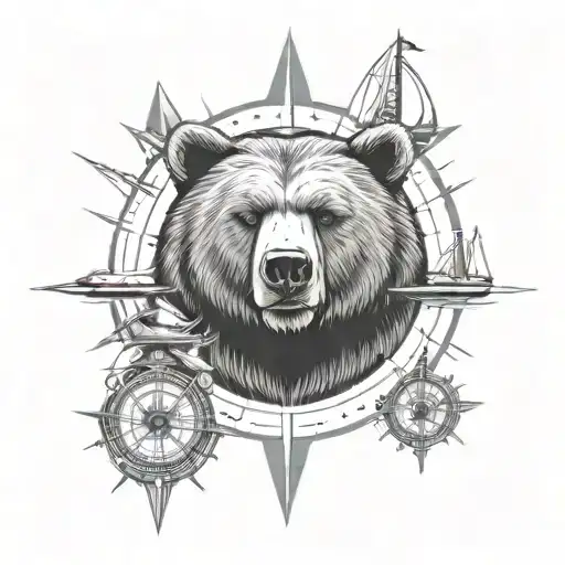 Bear In A Nautic Compass With Sailboat