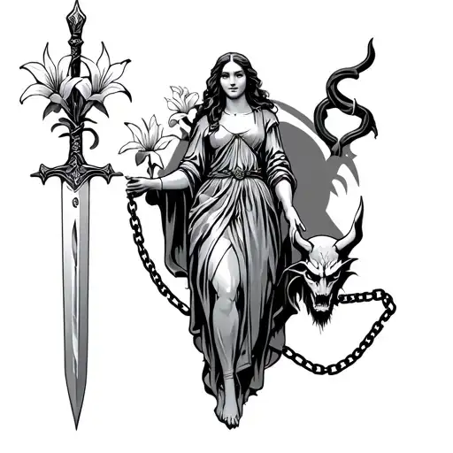 Saint Dymphna Holding Sword With Lilies And Holding A Chained Devil