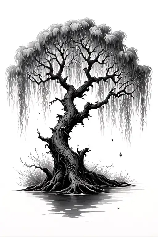 Weeping Willow Braches Flowing In Wind