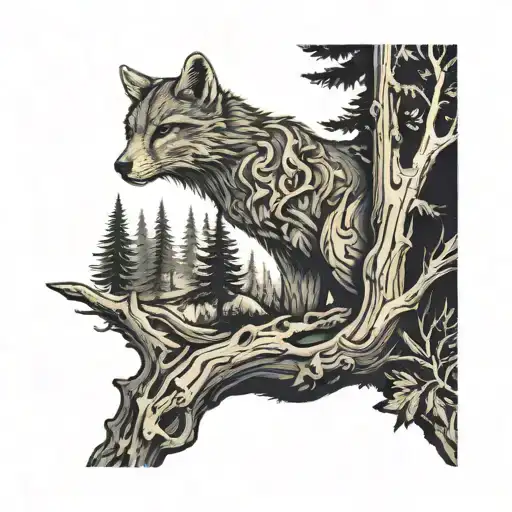 A Nature-inspired Sleeve Tattoo Featuring A Mix Of Wood Textures And Forest Creatures