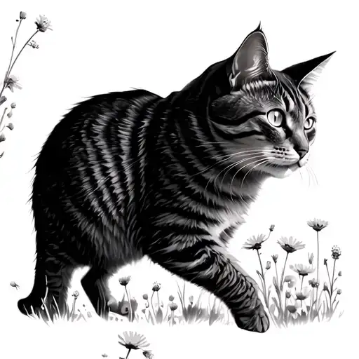 A Sleek Black And Grey Design Of A Cat Stalking Through A Field Of Wildflowers