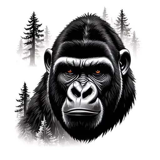 Realism Gorilla Face With Forest Scene