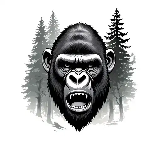 Realism Gorilla Face With Forest Scene With Teeth Showing