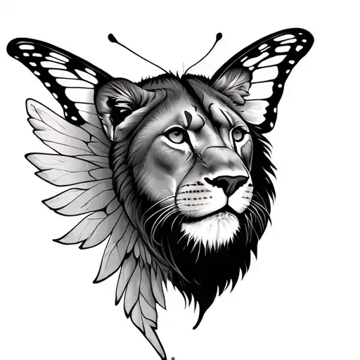 Butterfly With A Partial Lioness Head Fillng The Full Inside Of The Left Wing