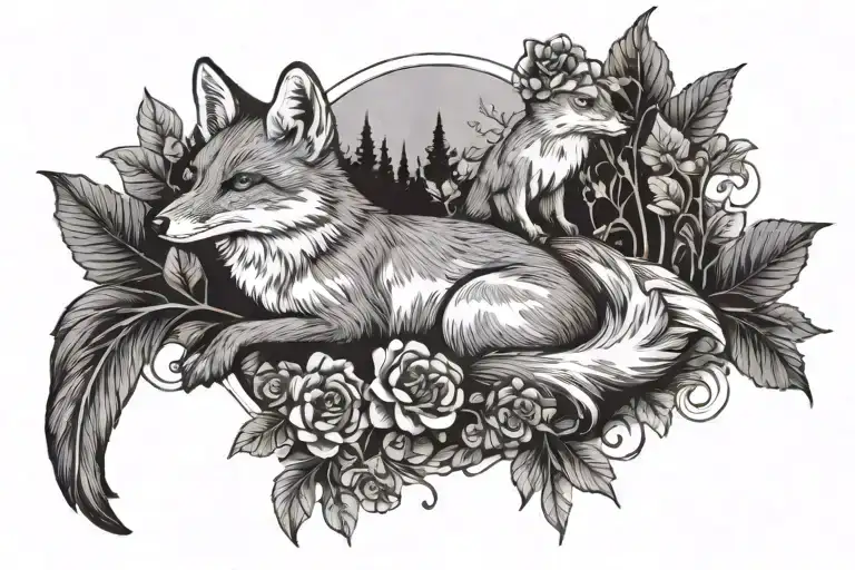 A Fox Sitting Next To A Crow Surrounded By Mushrooms And Forest And Flowers