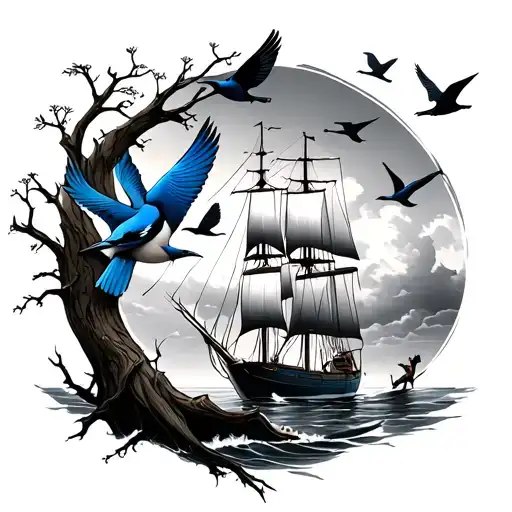 Oak Tree Half Dead Blue Jay And Other Birds Flying Away Over A Sailboat