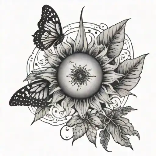 A Sun Tattoo With Plants And Butterflies Minimalistic