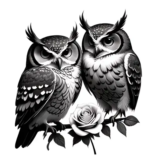 Two Owls In Love With A Rose Made