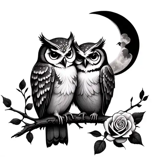 Two Owls In Love To The Moon With A Rose
