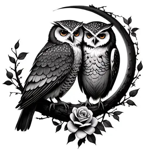 Two Owls In Love To The Moon With A Rose Intertwined