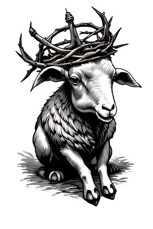 Sailor Jerry Style Lamb Wearing A Crown Of Thorns Intertwined