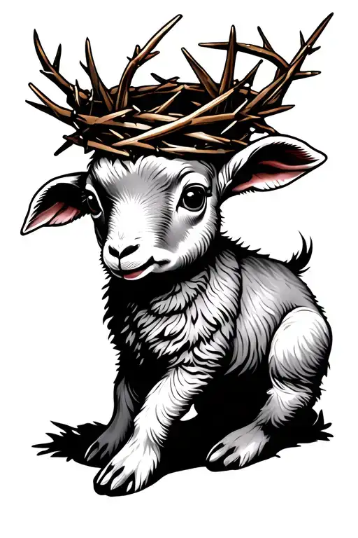 Sailor Jerry Style Baby Lamb Wearing A Crown Of Thorns Intertwined