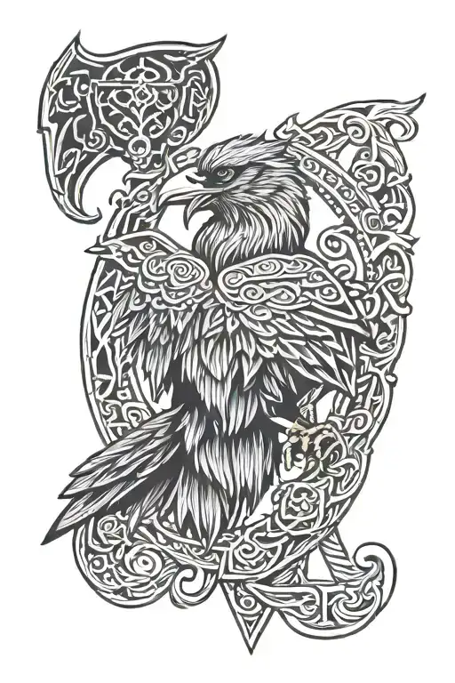 Odin With Two Ravens Huginn And Muninn And An Axe And Fenrir With Nordic Runes With Knot Design