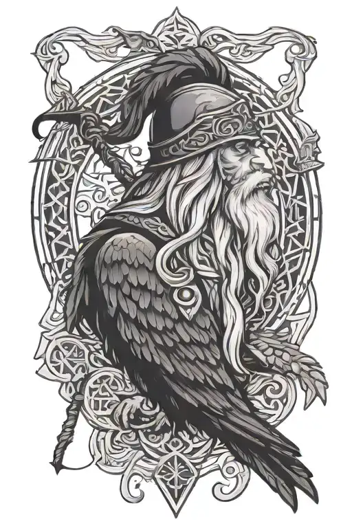 Odin With Two Ravens And An Axe And Fenrir With Nordic Runes With Knot Design