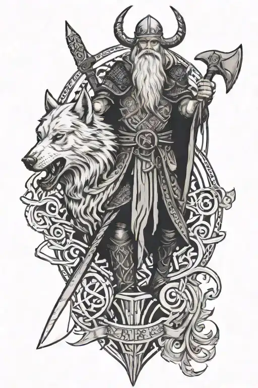 Odin With A Viking Axe And The Wolf Fenrir With Nordic Runes With Knot Design