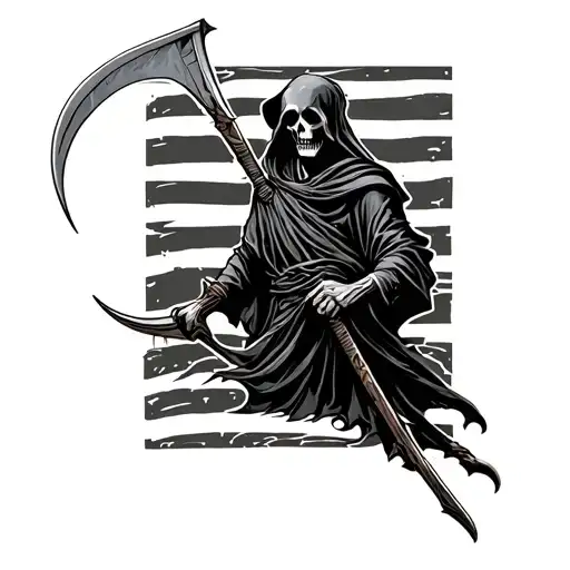 American Traditional Grim Reaper Holding A Scythe With Stripes Behind Him