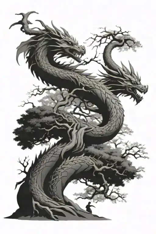 Dragon Twist Around Yggdrasil Tree