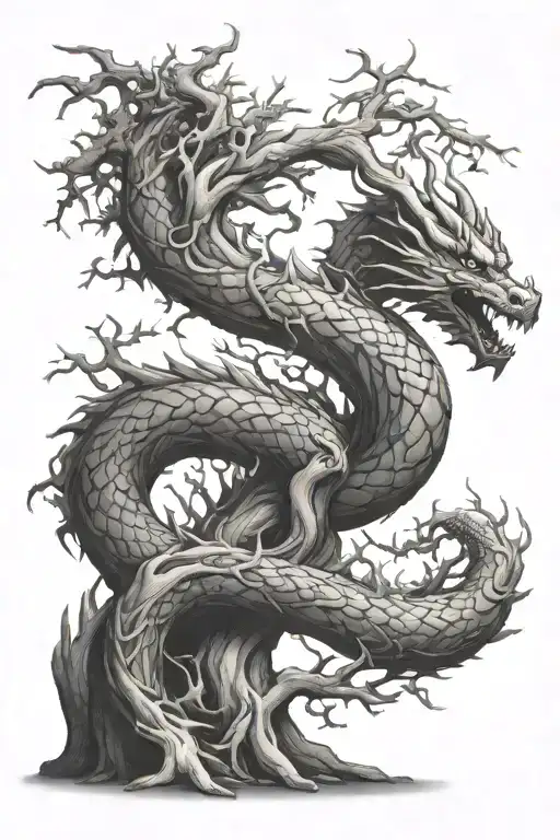 Dragon Twist Around Trunk Of Yggdrasil Tree