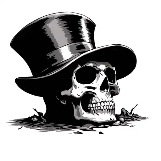 Skull With Wide Rim Top Hat Looking At The Ground