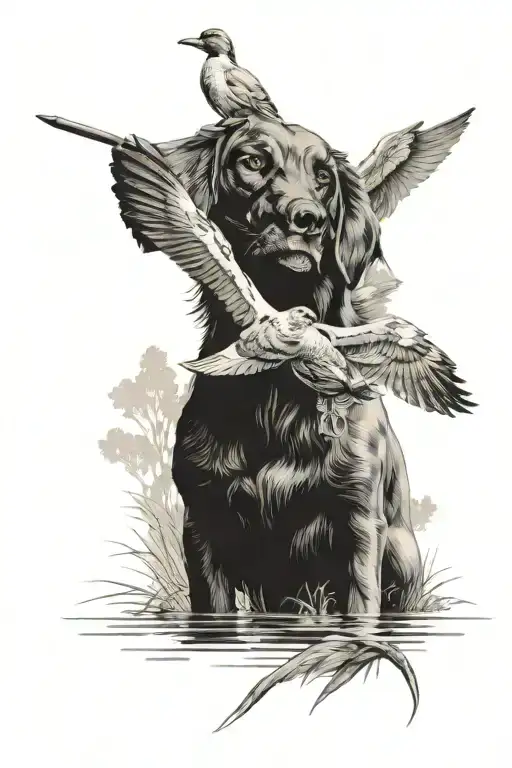 Duck Hunting Scene With Dog And Cross