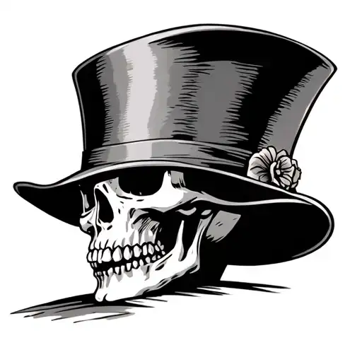 Skull With Wide Brim Top Hat Looking At The Ground