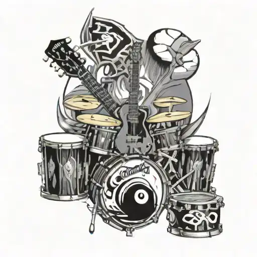 Drums And Guitar With Cross Surrounded