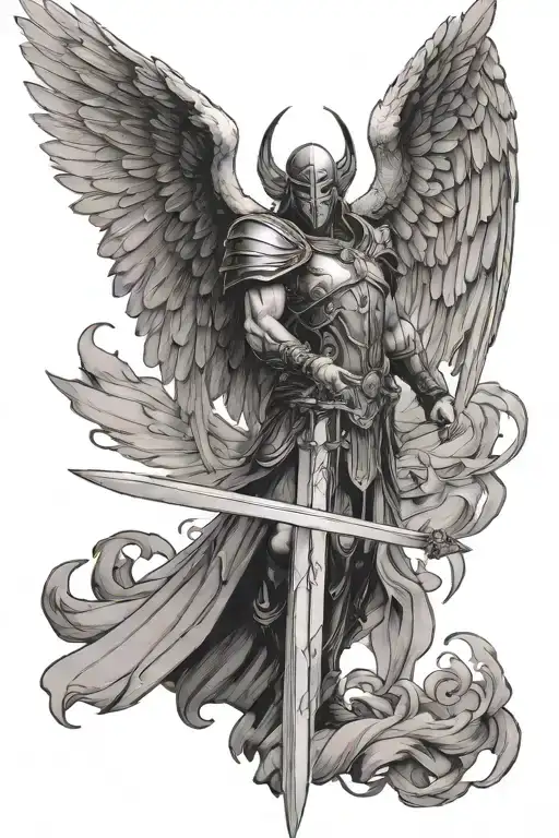 Arc Angel Stading Straight Up With Wings Spreaded And A Sword Down The Midle